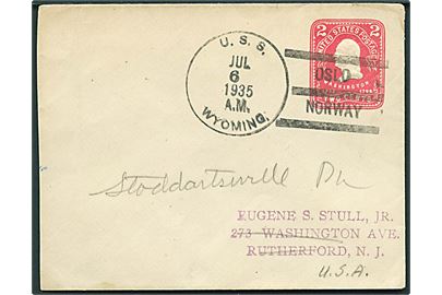 Amerikansk 2 cents helsagskuvert annulleret med skibsstempel U.S.S. Wyoming / Oslo Norway d. 6.7.1935 til Rutherford, USA. Fra amerikansk flådebesøg i Norge.