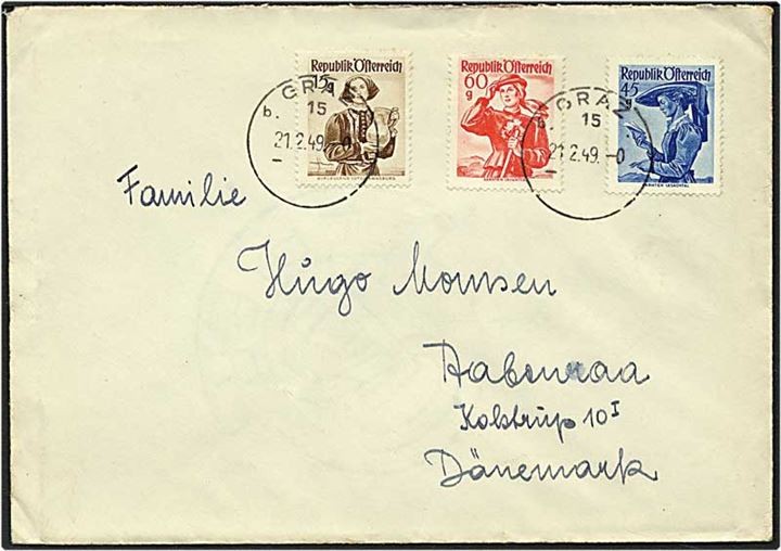 1,20 shilling på brev fra Graz, Østrig, d. 21.2.1949 til Aabenraa.