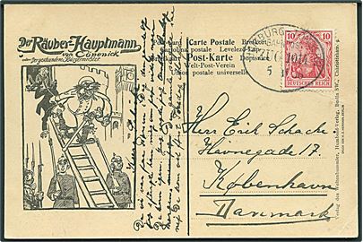 10 pfg. Germania på Der Räuber-Hauptmann von Cöpenick-postkort annulleret med bureaustempel Hamburg - Tondern Zug 1014 d. 5.11.1906 til København. Mindre skader.