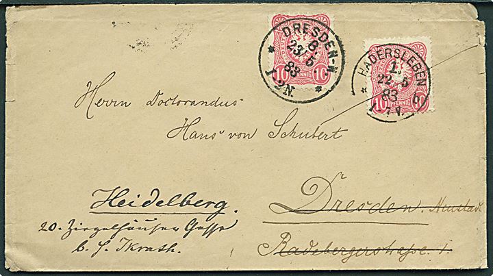 10 pfg. Adler på brev stemplet Hadersleben 1. d. 22.5.1883 til Dresden. Privat opfrankeret med 10 pfg. Adler stemplet Dresden d. 23.5.1883 og eftersendt til Heidelberg.
