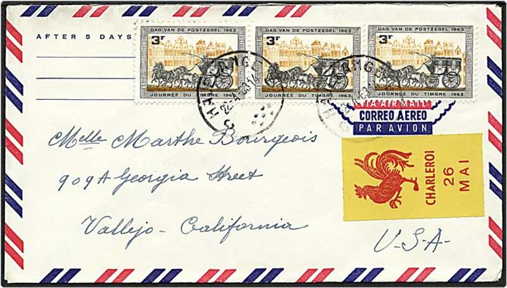 3 frank på luftpost brev fra Havelange, Belgien, d. 22.4.1963 til Vallejo, USA.