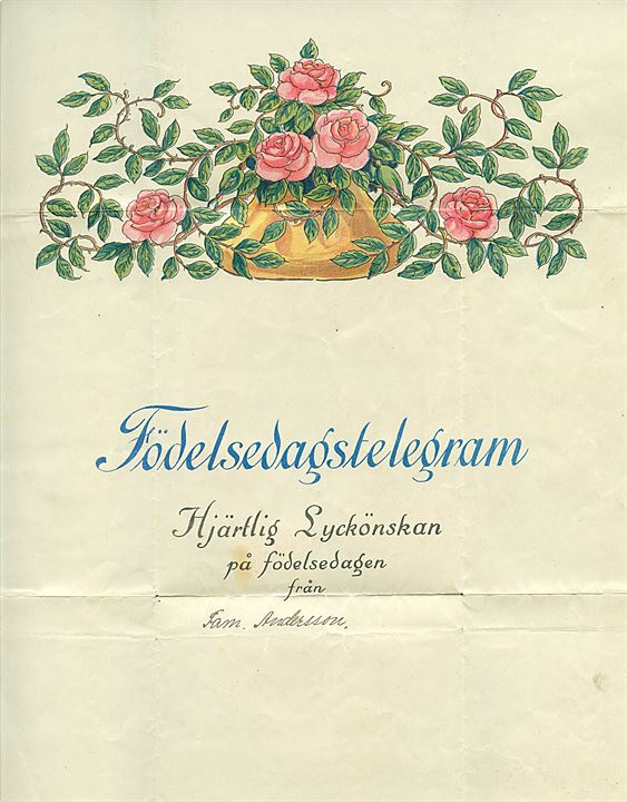 5 öre Løve single på illustreret W&Co Lykønskningstelegram sendt som tryksag fra Björneröd d. 16.10.1933 til Saterhaugen Berg St., Norge.