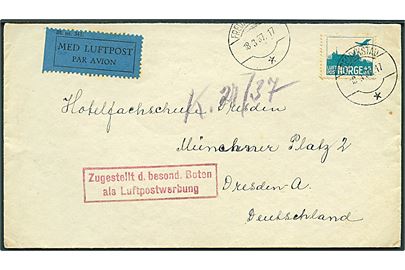 45 øre Luftpost single på luftpostbrev fra Frederikstad d. 18.3.1937 til Dresden, Tyskland. Rødt rammestempel: Zugestellt d. besond. Boten als Luftpostwerbung.
