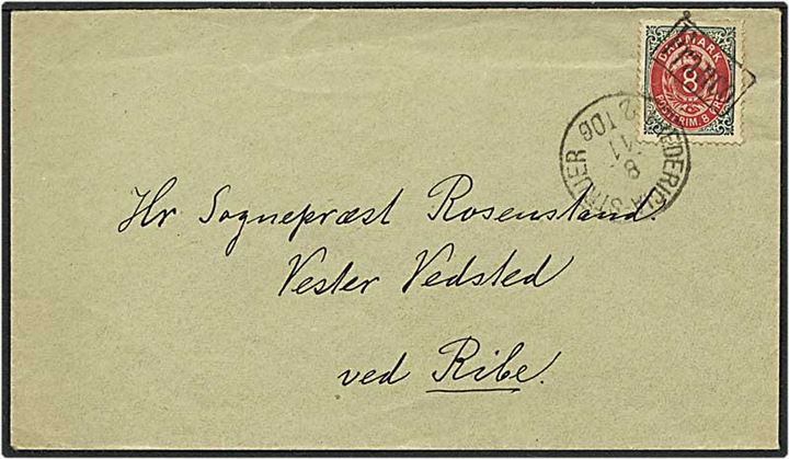 8 øre tofarvet på brev fra Fredericia d. 8.11.1894 til Ribe. Mærket stemplet Franco.