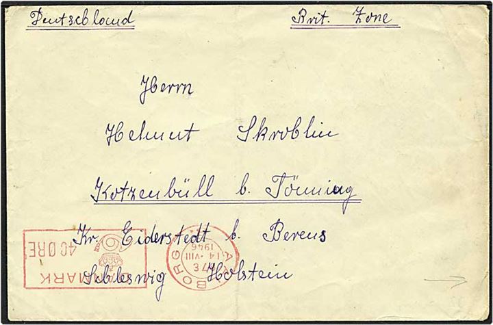 Interneret forsendelse fra Aalborg d. 14.8.1946 til Tyskland. Luftværnskontoret/Aalborg stempel på bagsiden af kuverten.