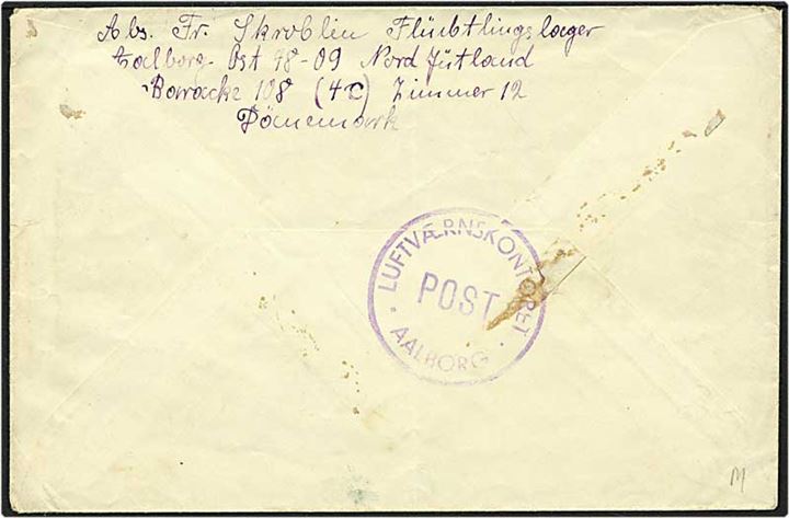 Interneret forsendelse fra Aalborg d. 14.8.1946 til Tyskland. Luftværnskontoret/Aalborg stempel på bagsiden af kuverten.