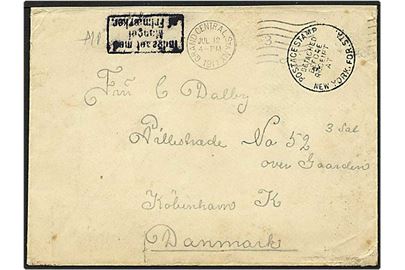 Brev fra New York, USA, d. 12.7.1911 til København. Kassestempler Indgået med manglende frimærke.