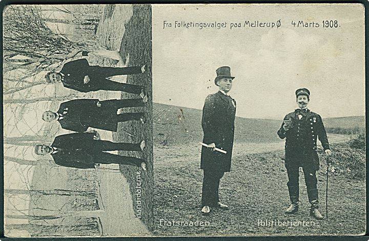 Eratsraaden, Politibetjenten og Kandidaterne fra Folketingsvalget paa Mullerup Ø. 4 Marts 1908. O. Andersen no. 36.