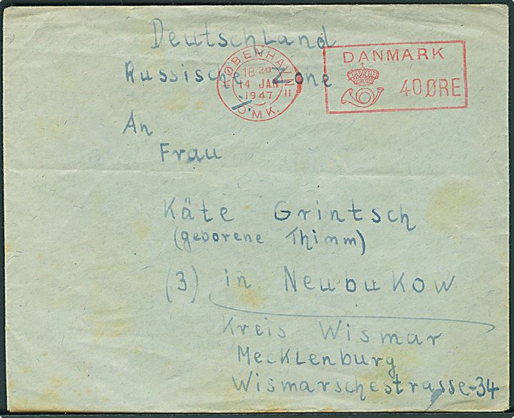 40 øre Posthusfranko frankeret brev fra flygtningelejr 00-84 Kløvermarken stemplet København d. 14.1.1947 til Neubukow, Russisk Zone, Tyskland. På bagsiden rammestempel: Lejr Nr. 130 Kløvermarken Amager.