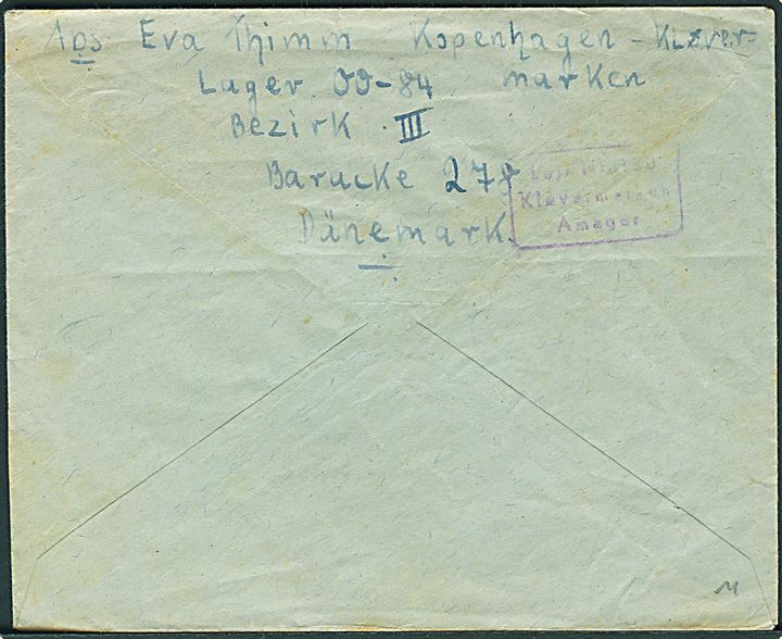 40 øre Posthusfranko frankeret brev fra flygtningelejr 00-84 Kløvermarken stemplet København d. 14.1.1947 til Neubukow, Russisk Zone, Tyskland. På bagsiden rammestempel: Lejr Nr. 130 Kløvermarken Amager.