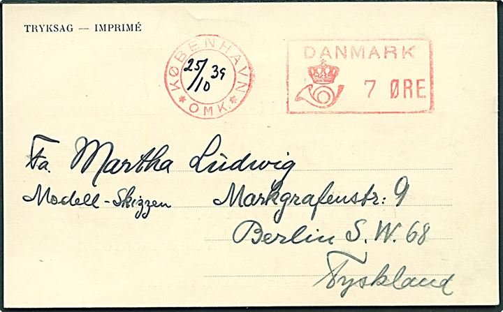 7 øre Posthusfranko med håndskrevet dato på tryksag fra København d. 25.10.1939 til Berlin, Tyskland. Meddelelse fra Returpostkontoret vedr. utilstrækkelig frankeret tryksag til udlandet.