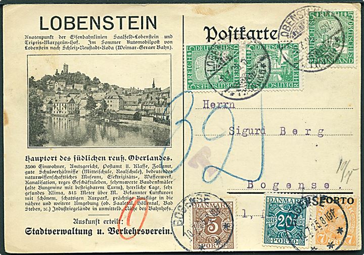 5 pfg. Rheinland (3) på underfrankeret brevkort fra Lobenstein d. 8.7.1925 til Bogense, Danmark. Udtakseret i 32 øre porto med 7 øre Porto-provisorium, 5 øre og 20 øre Portomærke stemplet Bogense d. 10.7.1925.