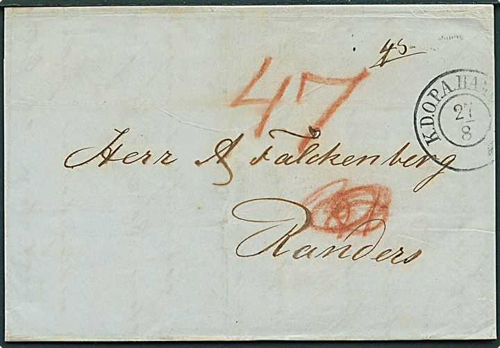 1850. Portobrev med antiqua K.D.O.P.A. Hamburg d. 27.8.1850 til Randers. Påskrevet 47 sk. porto.