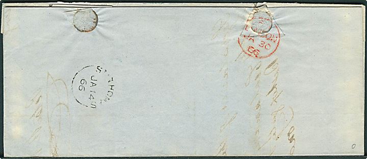 1866. Portobrev med delvist indhold med stempel fra det britiske postkontor i St. Thomas d. 14.1.1866 til London, England. Påskrevet forwarding agent: Care of Messers Gruner & Co. St. Thomas.