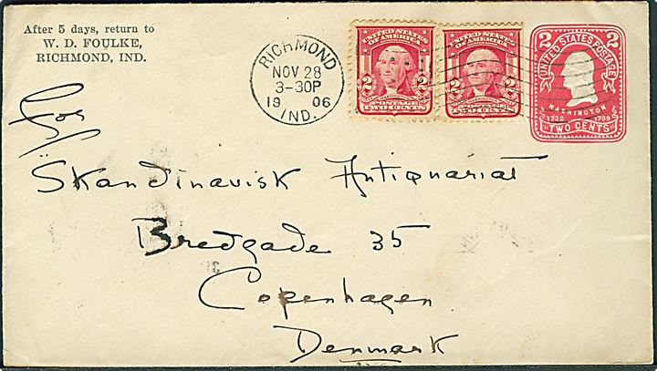 2 cents Washington helsagskuvert opfrankeret med 2 cents Washington (2) fra Richmond d. 28.11.1906 til København, Danmark.