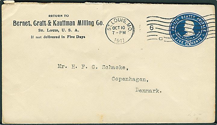 5 cents Lincoln helsagskuvert fra St. Louis d. 10.10.1911 til København, Danmark.