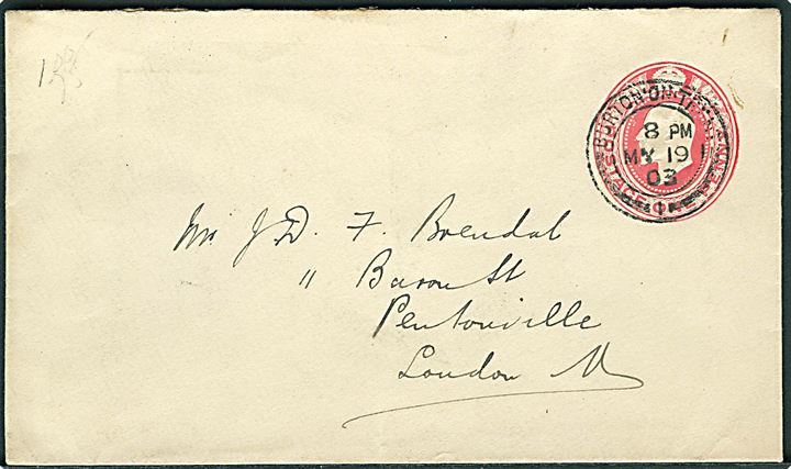 1d Edward VII helsagskuvert fra Burton-on-Trent d. 19.5.1903 til London.