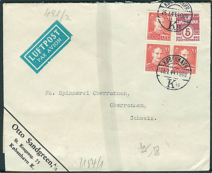 5 øre Bølgelinie og 20 øre Chr. X (3) på luftpostbrev fra København d. 26.7.1944 til Oberronnen, Schweiz. Åbnet af tysk censur.