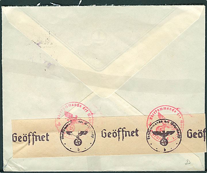 5 øre Bølgelinie og 20 øre Chr. X (3) på luftpostbrev fra København d. 26.7.1944 til Oberronnen, Schweiz. Åbnet af tysk censur.