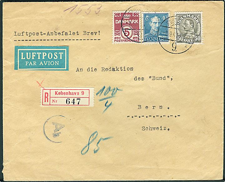 5 øre Bølgelinie, 40 øre og 50 øre Chr. X på anbefalet luftpostbrev fra København d. 8.9.1943 til Bern, Schweiz. Åbnet af tysk censur.