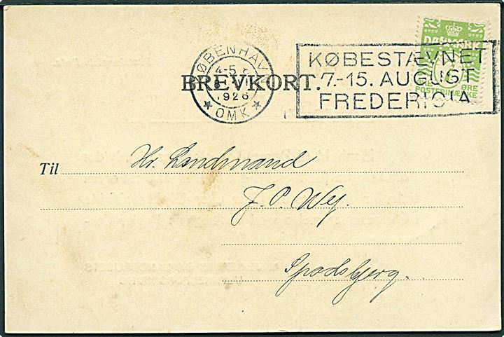7 øre Bølgelinie med perfin MLU på brevkort sendt som tryksag fra Mejeriernes og Landbrugets Ulykkesforsikring i København d. 8.6.1926 til Spodsbjerg.