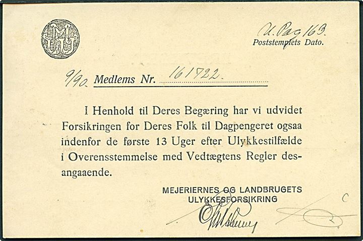 7 øre Bølgelinie med perfin MLU på brevkort sendt som tryksag fra Mejeriernes og Landbrugets Ulykkesforsikring i København d. 8.6.1926 til Spodsbjerg.