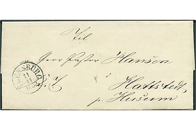 1852. Ufrankeret tjenestebrev mærket K.T. med antiqua Flensburg d. 11.11.1852 til Hattstedt pr. Husum.