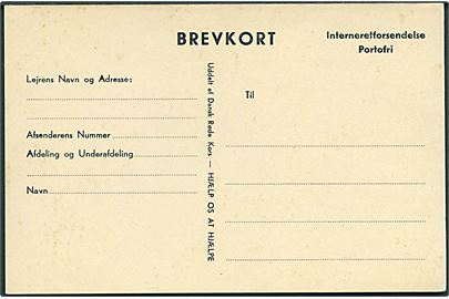 Fortrykt Interneretforsendelse / Portofri brevkort uddelt af Dansk Røde Kors under den militære internering i 1943. Ubrugt.