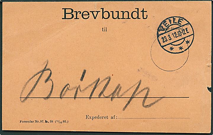 Brevbundt formular Nr. 97.B.38 (15/10 95) stemplet Veile d. 23.3.1912 til Børkop.