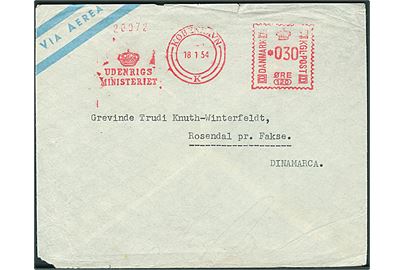 30 øre Firmafranko fra Udenrigsministeriet i København d. 18.1.1954 til Rosendal pr. Fakse. Diplomatisk kurérforsendelse fra dansk legation i Sydamerika (?).