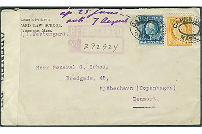 5 cents Washington og 10 cents Franklin på anbefalet brev fra Cambrigde Mass. d. 26.6.1918 til Kjøbenhavn, Danmark. Åbnet af britisk censur no. 866.