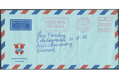 Free Mail luftpostbrev med frankostempoel fra DANCON UNPROFOR d. 2.9.1993 til Skanderborg, Danmark. På bagsiden stemplet: A-Coy DANCON/UNPROFOR Feltpost-20 / Jugoslavien.