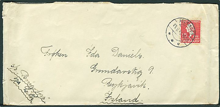 15 øre H.C.Andersen på brev fra Helsingør d. 18.9.1936 til Reykjavik, Island. Påskrevet: S/S Brúarfoss via Leith.