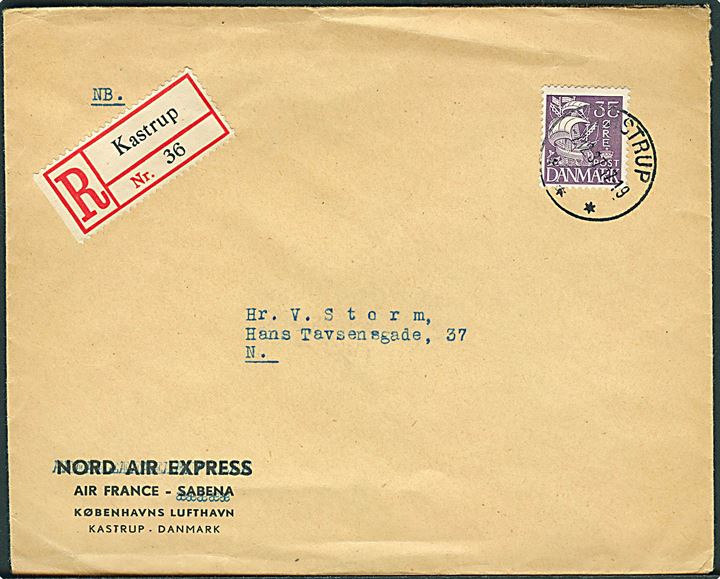 35 øre Karavel single på anbefalet lokalbrev annulleret med brotype IIIc Kastrup d. 7.2.1937 til København. Fra Air France i København.