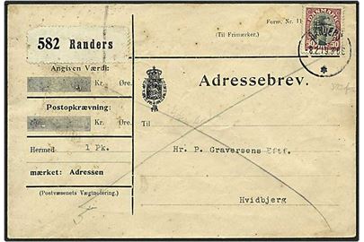 50 øre Vinrød/sort singelfrankatur på adressebrev fra Randers d. 8.2.1919 til Hvidbjerg. Mærket med perfin D23f - Dansk Gær-Central.