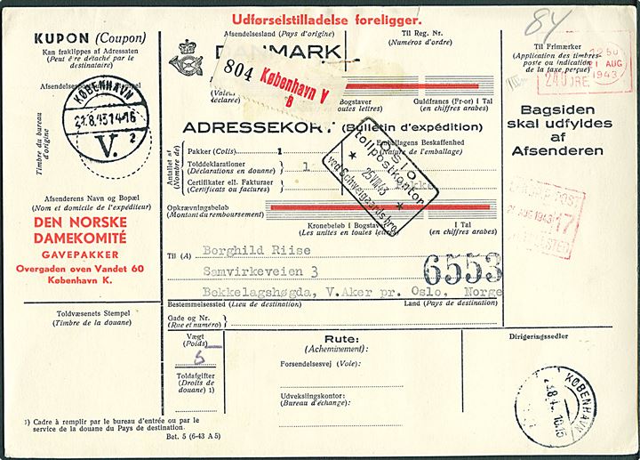 240 øre Blanketmaskin frankostempel på internationalt adressekort fra den norske Damekomité i København d. 21.8.1943 til Bekkelagshøgda, Norge.