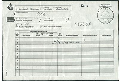 Karte med bureaustempel PTJ sn2 T.7596B d. 25.10.1992 for 1 værdisæk til Ålborg.