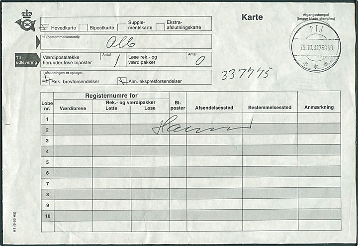 Karte med bureaustempel PTJ sn2 T.7596B d. 25.10.1992 for 1 værdisæk til Ålborg.
