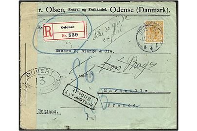 35 øre gul Chr. X singelfrankatur på Rec. brev fra Odense d. 5.8.1917 til Marseille, Frankrig via England. Fransk censur. Brevet er returneret. Mærket med perfin C50 - Chr. Olsen.