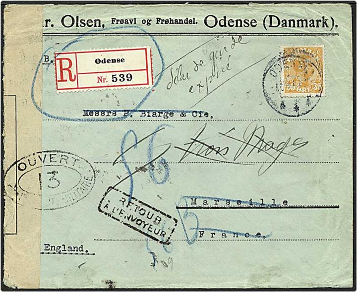 35 øre gul Chr. X singelfrankatur på Rec. brev fra Odense d. 5.8.1917 til Marseille, Frankrig via England. Fransk censur. Brevet er returneret. Mærket med perfin C50 - Chr. Olsen.