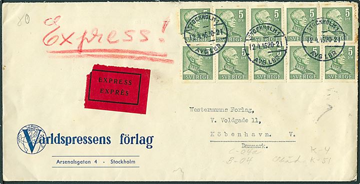 5 öre Gustaf (10) på ekspresbrev fra Stockholm d. 12.4.1945 til København, Danmark. Åbnet af Sønderborg censuren med fortrykt April-banderole. 1 mærke defekt.