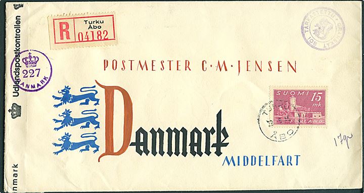 15 mk. single på smukt illustreret kuvert sendt anbefalet fra Åbo d. 22.9.1945 til Middelfart, Danmark. Passér stemplet af finsk censur og åbnet af dansk efterkrigscensur (krone)/227/Danmark.
