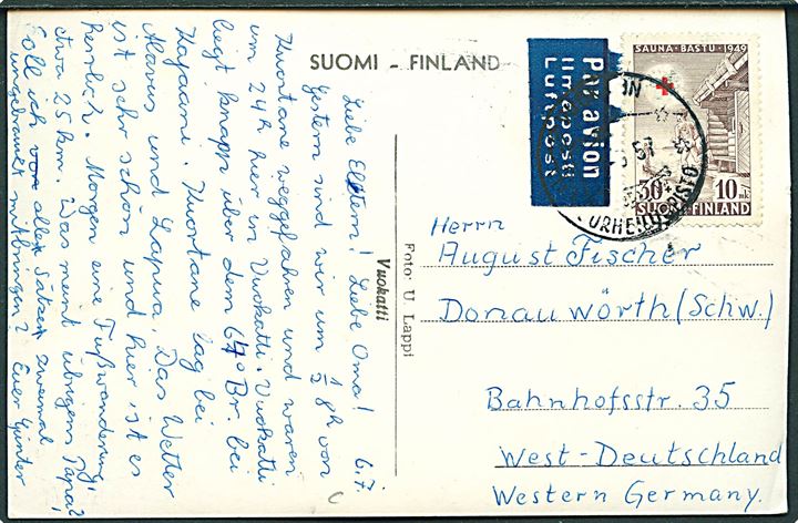 30+10 mk. Røde Kors på luftpost brevkort annulleret med svagt stempel 1957 til Donauwörth, Tyskland.