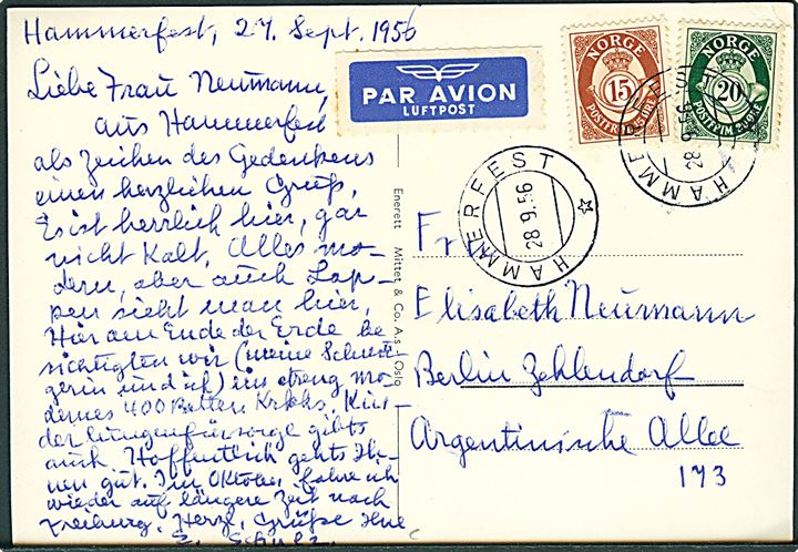 15 øre og 20 øre Posthorn på luftpost brevkort (Havneparti fra Narvik) stemplet Hammerfest d. 28.9.1956 til Berlin, Tyskland.