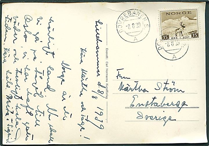 15 øre Turist udg. på brevkort fra Lillehammer annulleret med bureaustempel Dovrebanen S. A d. 8.8.1939 til Enstaberga, Sverige.