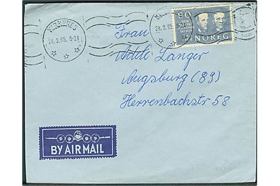 90 øre Norske Folkehøg Skolen single på luftpostbrev fra Kirkenes d. 24.3.1965 til Augsburg, Tyskland. Fra M/S Fiona.