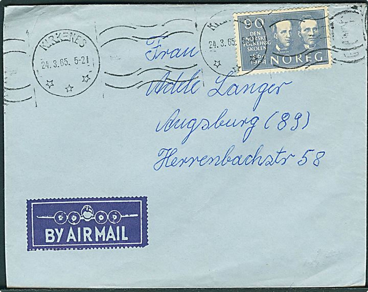 90 øre Norske Folkehøg Skolen single på luftpostbrev fra Kirkenes d. 24.3.1965 til Augsburg, Tyskland. Fra M/S Fiona.