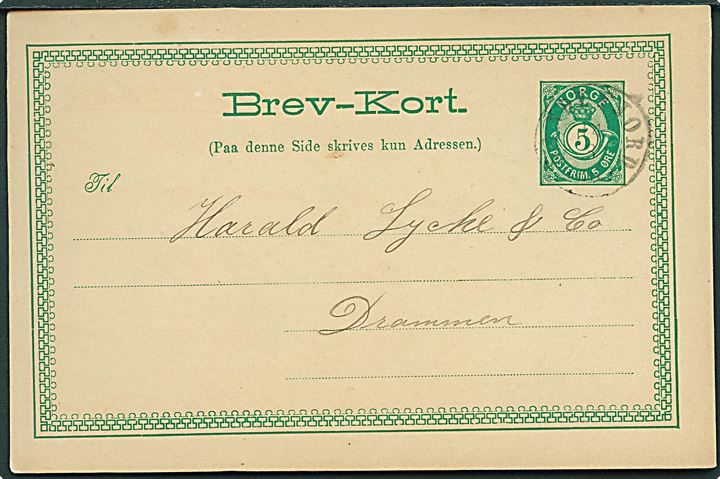 5 øre helsagsbrevkort stemplet Sandefjord d. 14.5.1889 til Drammen.