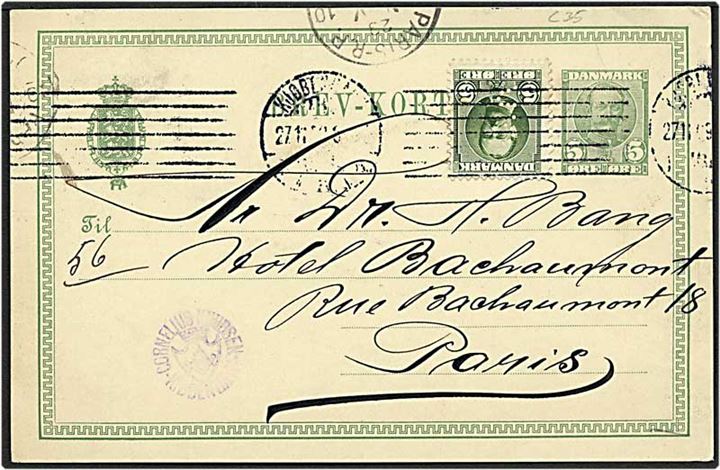 5 øre grøn Fr. VIII enkeltbrevkort opfrankeret med 5 øre grøn Fr. VIII fra København d. 27.1.1909 til Paris, Frankrig. Mærket med perfin C35 - C. Knudsen.