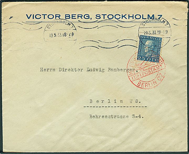 25 öre Gustaf single på luftpostbrev fra Stockholm d. 19.5.1933 til Berlin, Tyskland. Tysk luftpoststempel: Mit Luftpost befördert Luftpostamt Berlin C2.